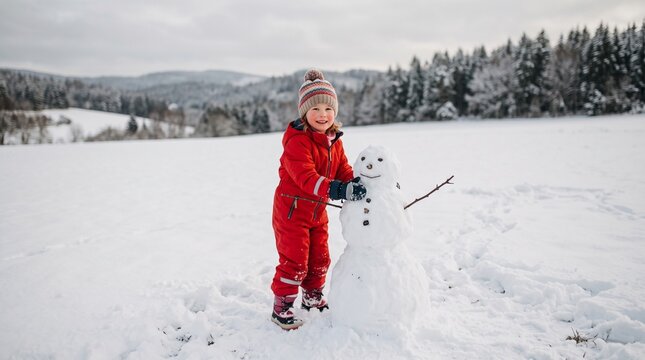 Joyful child in red snowsuit building a snowman in a snowy winter landscape with pine forest background