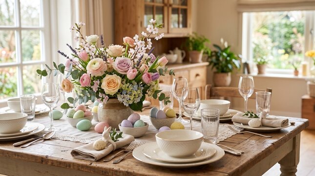 Elegant Easter Table Setting with Pastel Eggs and Spring Flowers