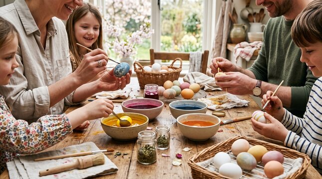 Family happily decorating and dyeing Easter eggs together at a wooden table with natural light
