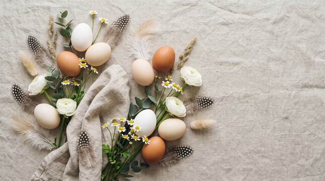 Easter eggs and flowers arrangement with feathers and natural linen background for spring celebration