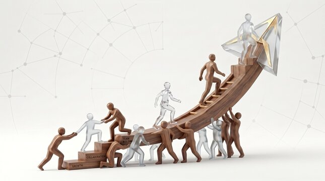 Team building and human resources concept. People climbing an ascending growth arrow.