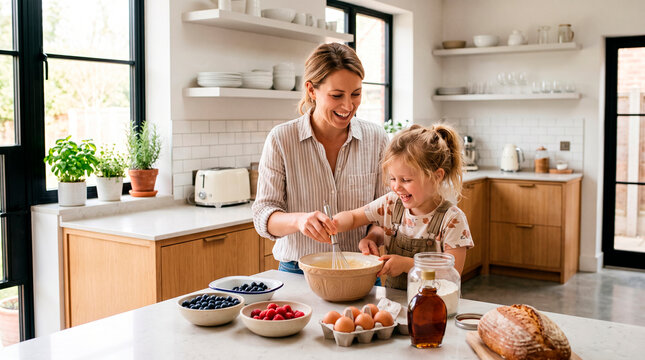 Mother and daughter happily baking together in a bright modern kitchen preparing batter for pancakes or waffles with fresh ingredients