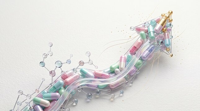 Pharmaceutical growth arrow made of capsules. Medical industry success and drug development.