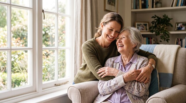 Joyful adult daughter embraces her smiling elderly mother in a cozy living room by the window