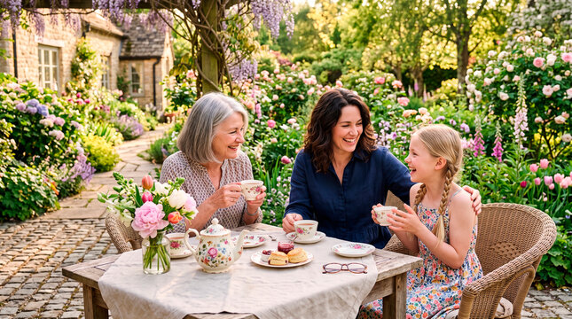 Three generations of women enjoying a traditional afternoon tea in a blooming English garden during summer