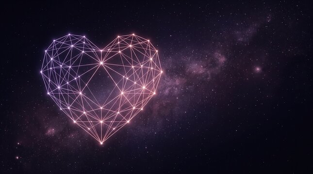 Glowing heart shape made of digital lines. Abstract love symbol in deep space background.