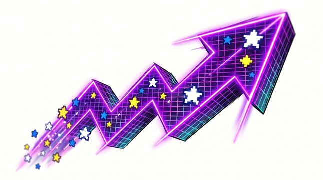 Retro 80s synthwave arrow showing growth. Neon purple grid graphic for business success.
