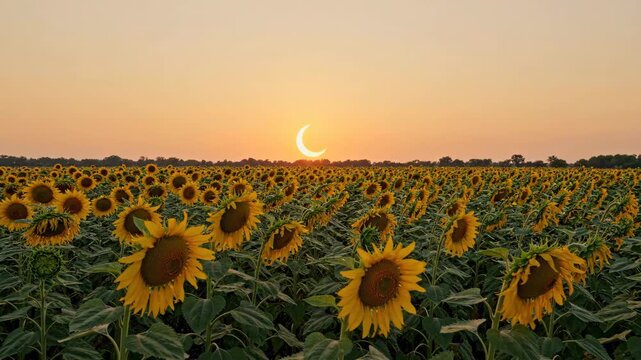 Sunflower Field at Dusk with Crescent Moon Golden Hour