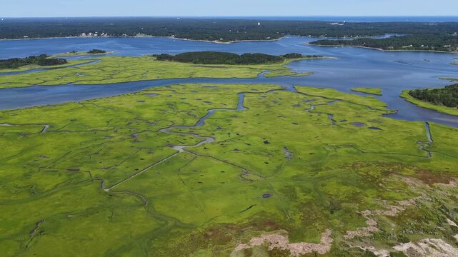 An extensive salt marsh is seen from a bird's eye view in Pleasant Bay, Cape Cod. Marshes provide critical habitat for many birds, fish, and marine invertebrates to feed, mate, and nest.