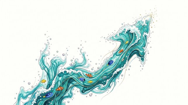 Ascending water arrow with colorful fish and sea foam. Turquoise ocean wave forming upward growth trend in abstract business concept.