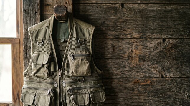 Fishing vest hanging on a wooden wall. Utility jacket for outdoor sports and fly fishing.