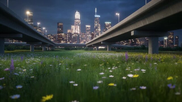 Night City Skyline and Flower Meadow 4K Generative AI