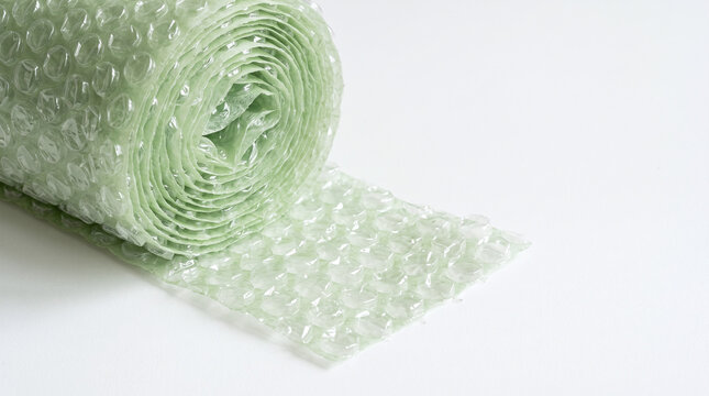 Roll of light-green biodegradable cornstarch bubble wrap packaging material isolated on a white background.
