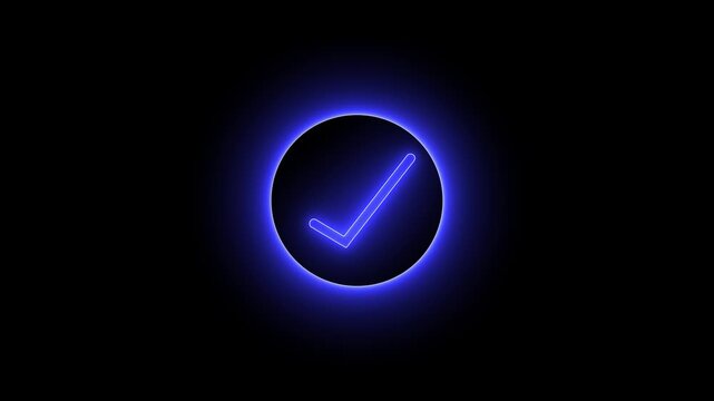 Animation of check mark icon background. Neon Tick mark icon seamless loop.Glowing neon line Tick mark or confirm icon animation.Minimal neon Check Mark icon on black background. 