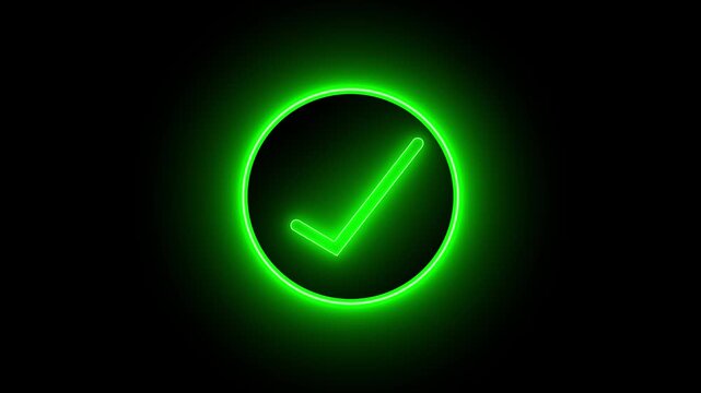 Animation of check mark icon background. Neon Tick mark icon seamless loop.Glowing neon line Tick mark or confirm icon animation.Minimal neon Check Mark icon on black background. 
