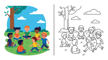 Fototapeta premium Children Playing Circle Game Outdoors Coloring Page and Illustration