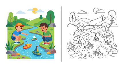 Naklejka premium Two boys playing with toy boats in a stream, cartoon, line art illustration