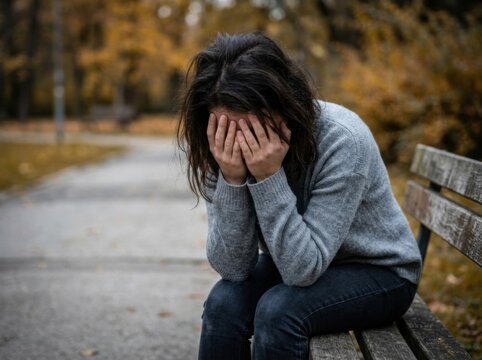 Solemn Woman Crying Outdoors On A Park Bench In Autumn