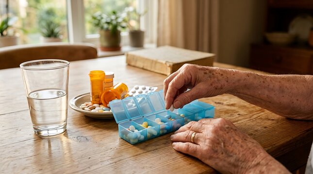 Close-up of an elderly person's hands organizing daily medications in a blue pillbox with a glass of water on a wooden table