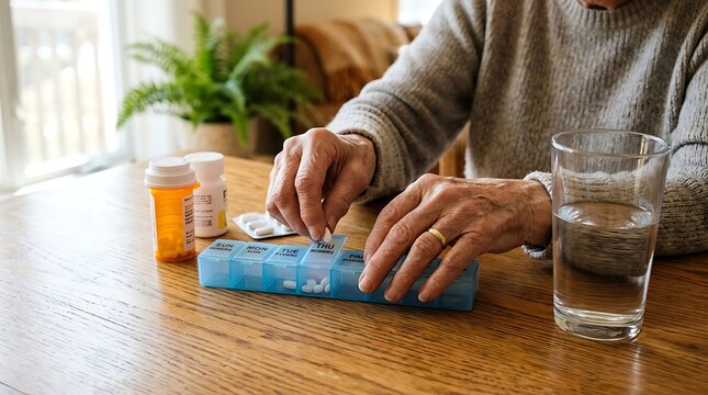 Senior citizen organizing daily medications into a weekly pill dispenser next to a glass of water