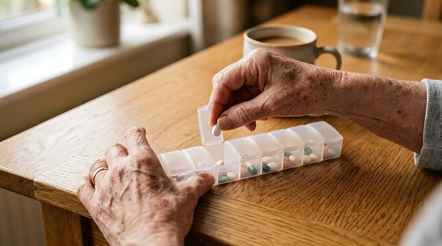 Close up of an elderly person taking daily medication from a plastic pill organizer box at home