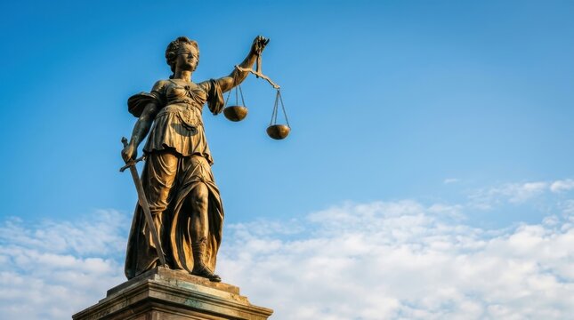 Majestic bronze Lady Justice statue holding scales and sword against a bright blue sky with white clouds representing law fairness and the judicial system in a professional legal context for lawyers..