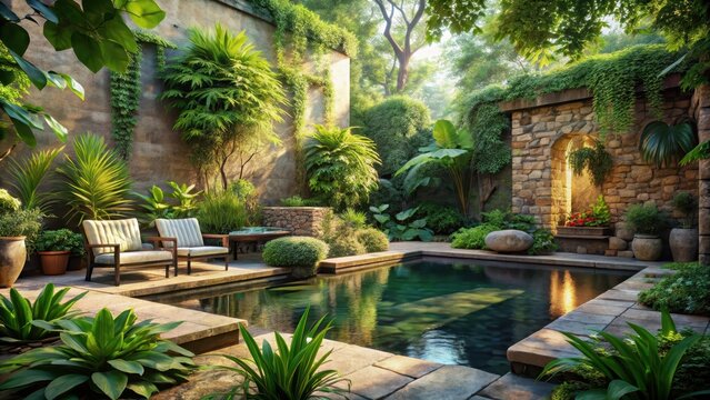 A serene backyard oasis beckons amidst lush foliage and weathered stone where tranquility reigns supreme in perfect harmony