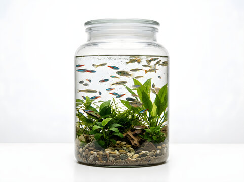 Minimalist glass jar aquarium with small tropical fish and green aquatic plants, clean indoor ecosystem in a transparent glass container on white background. Modern tabletop fish tank with neon
