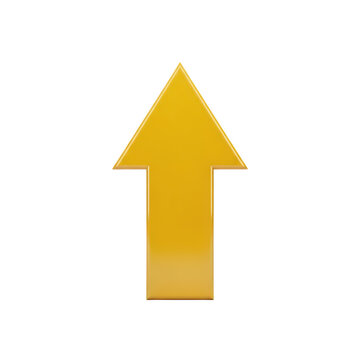 Shiny yellow 3d arrow pointing up isolated on transparent background