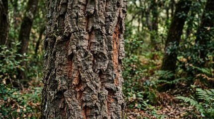 Obraz premium Close up of a textured cork oak tree trunk in a lush green forest.