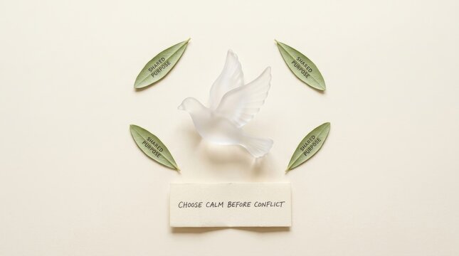 Peaceful translucent glass dove figurine surrounded by green leaves marked shared purpose and a message paper stating choose calm before conflict, representing global unity and harmony in