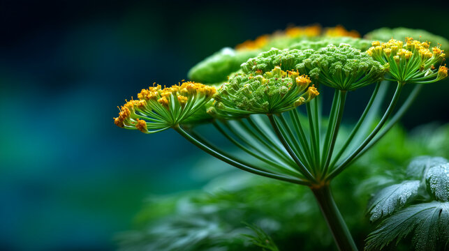 Macro view of fresh dill inflorescence with tiny yellow flowers in garden, botanical