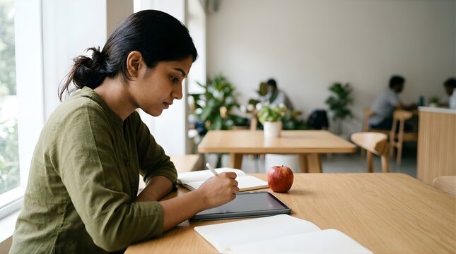 Young woman writing on tablet in a cafe for remote work or study