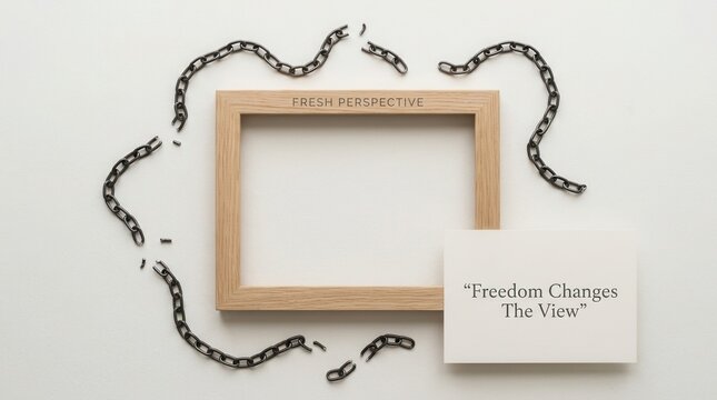 Symbolic wooden frame surrounded by broken metal chains representing freedom and a fresh perspective on life. This conceptual image is perfect for motivational content or mental health