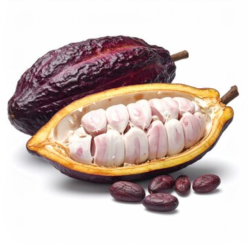 A dark purple cacao pod cut open showing white pulp and dark beans