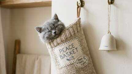 Plakat Adorable grey kitten sleeping peacefully inside a hanging knitted peace basket on a white wall, providing a cozy and calm atmosphere perfect for home decor and pet lover marketing materials today now.