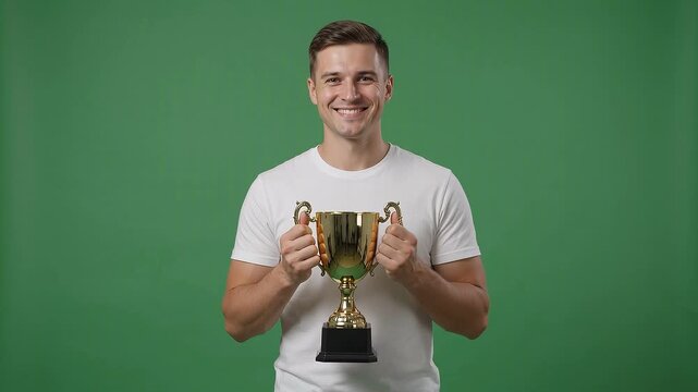 A smiling man in a white t-shirt proudly holds a golden trophy against a green background, giving a thumbs-up, symbolizing achievement and success.