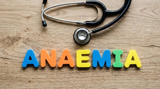 Stethoscope forming the word anaemia on wooden surface