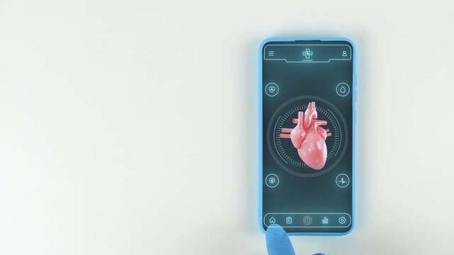 Smartphone with medical interface for recording arrhythmias, heart failure, and electrocardiographic monitoring. Digital cardiac prevention. Hand with light blue glove on a white background.