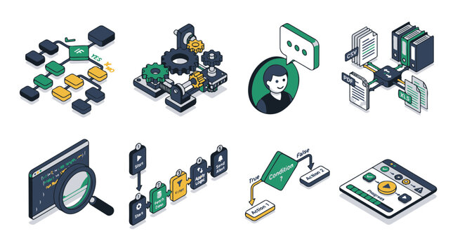 Isometric Vector Icons Set Featuring Software Development Data Workflow and Automation