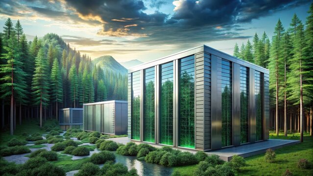 A sleek silver modern data center rises amidst a vibrant emeraldgreen forest blending technology and nature in harmony