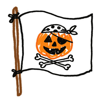 Illustration of cartoon pirate flag with orange jack-o'-lantern skull and crossbones