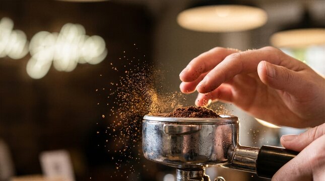 Close up of expert barista fingers leveling fine roasted coffee powder in metal portafilter under cinematic lighting for specialty coffeehouse promotions