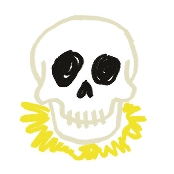 Minimalist skull photo with black eye sockets and yellow scribbled band. Stylized skull features simple bone structure