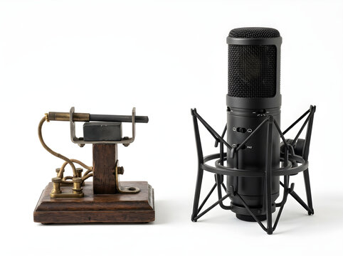 Vintage telegraph key and modern studio condenser microphone on white background, evolution of communication technology from antique morse code transmitter to professional digital audio