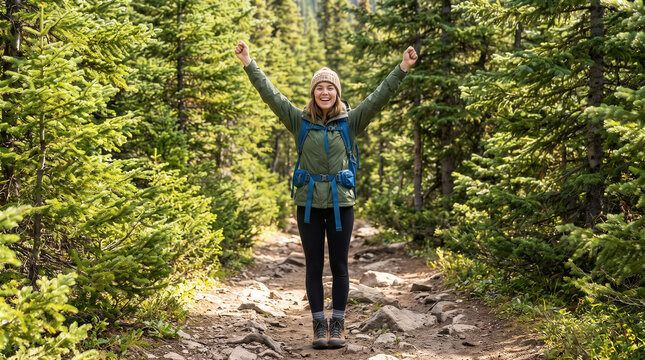 Young woman on a hiking trail, forest backdrop, celebratory arms raised, happy female hiker reaching summit milestone, outdoor fitness adventure, freedom success peak achievement
