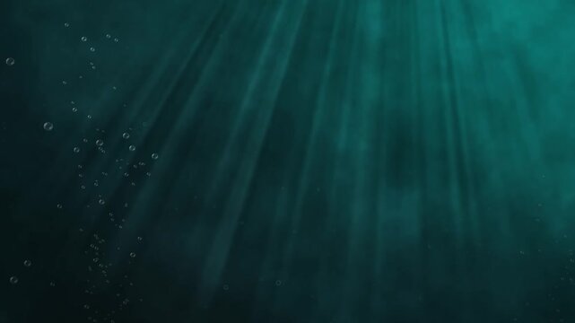 Underwater ocean scene with sun rays and rising bubbles background