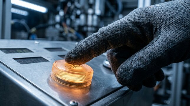 Close up of industrial worker hand wearing protective glove pressing glowing orange start button on metal machinery control panel in manufacturing plant