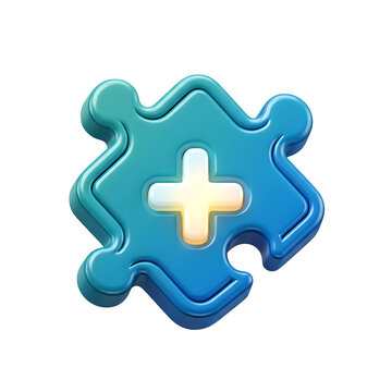 Blue puzzle piece with white plus sign symbol transparent background