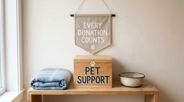 Wooden pet support donation box stands on a rustic shelf indoors, every donation counts banner hangs on wall above helping animal shelters and charity organizations provide care for pets in need here.
